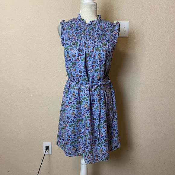 Boden Periwinkle Blue Floral Sleeveless Smocked Belted Cotton Mini Dress Size 6 - Picture 2 of 11
